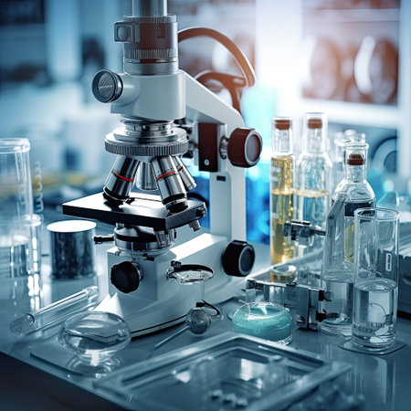 Microscope with lab glassware in modern medical laboratory,Microscopes, Lab glassware,AI generated.の素材