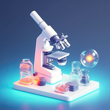 Microscope with lab glassware,Interior of clean modern medical or chemistry laboratory background,AI generated.の素材