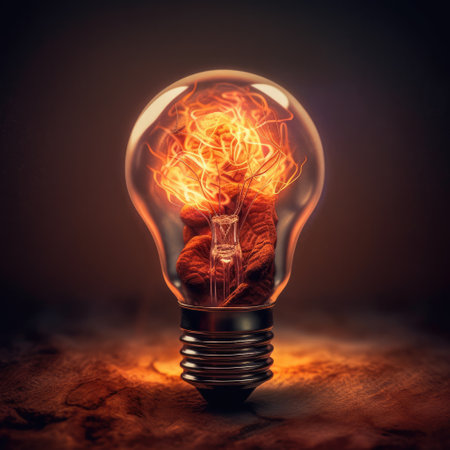 Brain inside the light bulb, human brain with left and right cerebral inside the electric light bulb, AI generated.の素材