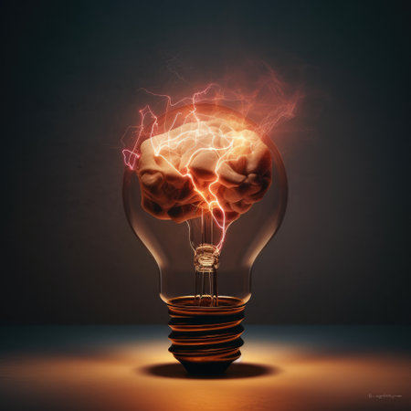 Lamp bulb with human brain on dark background, AI generated.の素材