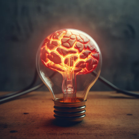 Glowing human brain with left and right cerebral inside the electric light bulb, Brainstorming, Creative Idea concept, AI generated.の素材