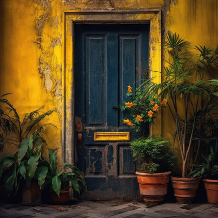 Image of a door with plants, Style of dark, colorful dreams, AI generated.の素材
