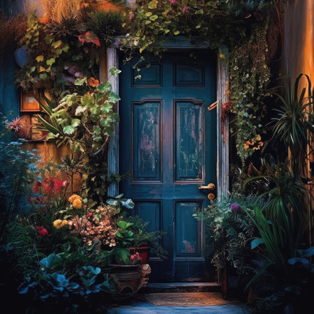 Old wooden door of a brick house decorated with plants, window,house,background, AI generated.の素材