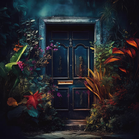 Beautiful old door surrounded by plants and tree, Trees and green leaves, AI generated.の素材