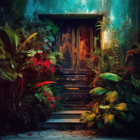 Old wooden door of a brick house decorated with plants, window,house,background, AI generated.の素材