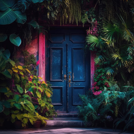 Image of a door with plants, Style of dark, colorful dreams, AI generated.の素材