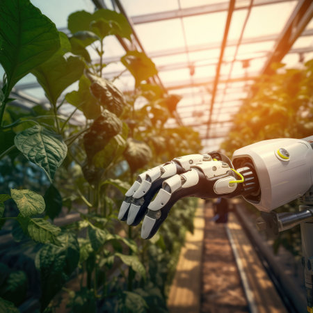 Modern agriculture,Robotic arm harvesting hydroponic in a greenhouse, AI generated.の素材