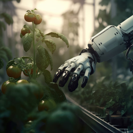 Robot arms in agricultural industry robotics solutions technology revolution, Smart virtual control, AI generated.の素材