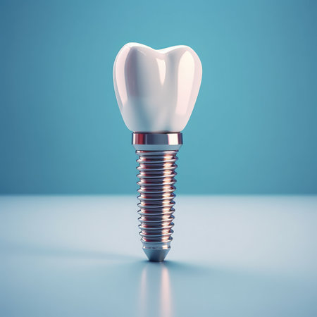 Model with titanium metal screw implant,Dentists dental prosthetic teeth, gums, AI generated.の素材