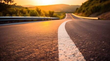 Asphalt road and mountains with foggy landscape at sunrise, AI generated.の素材