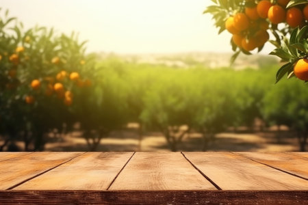 Empty wood table with free space over orange trees, Orange field background, AI generated.の素材