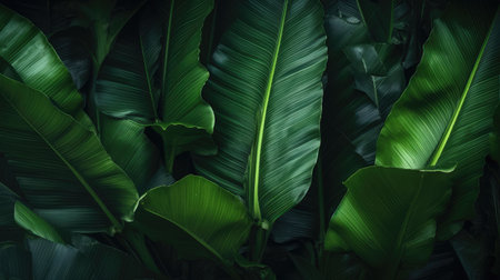 Tropical banana leaf texture, Dark green background, AI generated.の素材