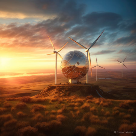 Wind turbine or wind power Translated into electricity, AI generated.の素材