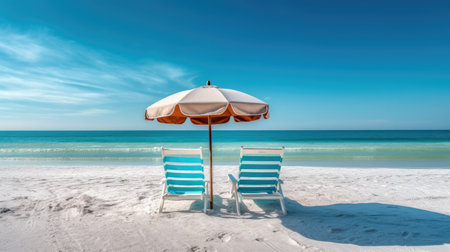 Chairs on Beach,Blue sea and white sand beach with beach chairs and parasol, AI generated.の素材