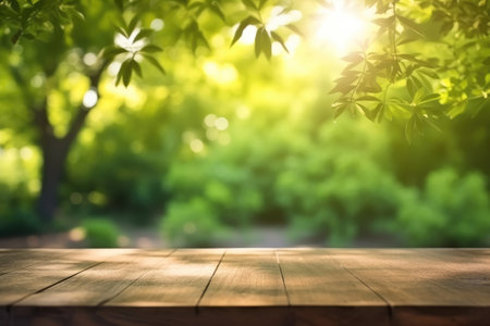 Wood floor with green plant foreground, Wooden floor with green leaves in park bokeh background, AI generated.の素材