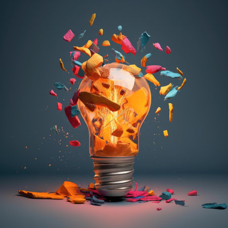 idea concept with innovation and inspiration, Creative light bulb explodes with colorful paint, AI generated.の素材