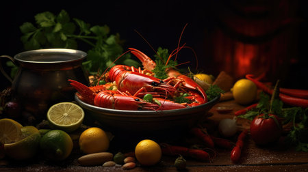 Tom Yam Kung, Prawn and lemon soup with mushrooms, Thai food, AI generated.の素材