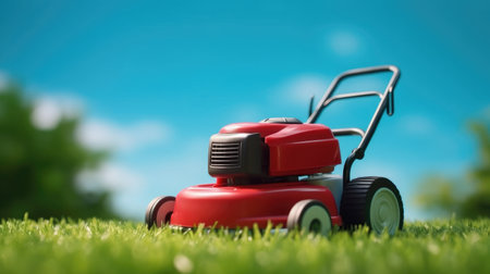 Red lawn mower with green grass and sky., AI generated.の素材