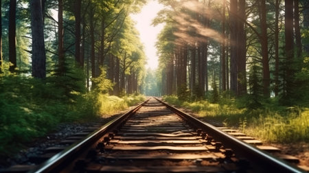 Forest trees along a railroad on an summer afternoon, Train tracks travel concept, Train Travel Landscape Background, AI generated.の素材
