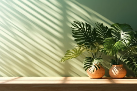 Clean, Blank sage green wall with tropical tree on brown parquet floor in sunlight for interior design decoration, AI generated.の素材