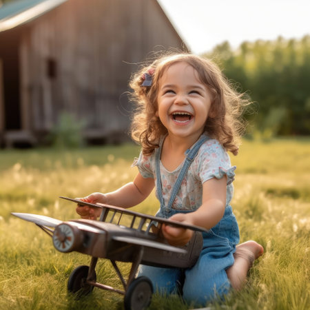 Little child girl plays with toy plane outdoor, flight concept.の素材