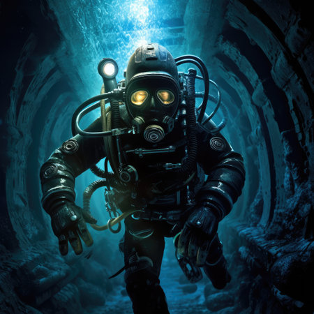 Diver explores the cracks, Crevices and holes in a coral reef in a deep ocean cavern.の素材