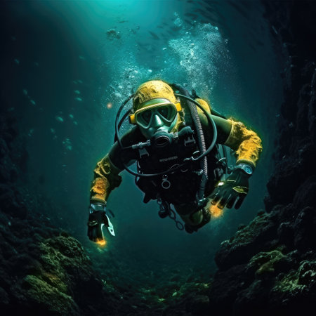Diver explores the cracks, Crevices and holes in a coral reef in a deep ocean cavern.の素材