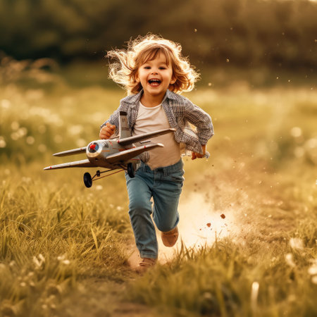 Happy child dreams of traveling and playing with toy plane.の素材
