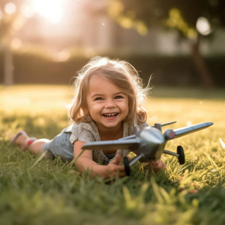 Happy little girl is playing with toy plane.の素材