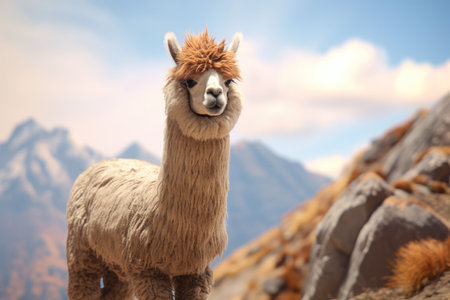 Funny white smiling alpaca, South American camelid.の素材