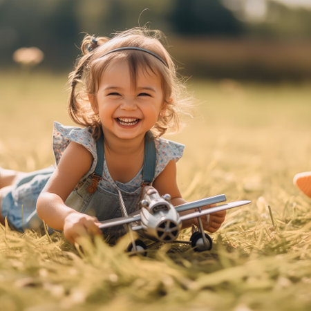 Happy child dreams of traveling and playing with toy plane.の素材