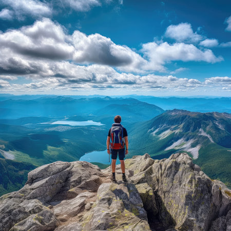 Hiker with backpack standing on the edge of a cliff, Hiker at the summit of a mountain overlooking a stunning view.の素材
