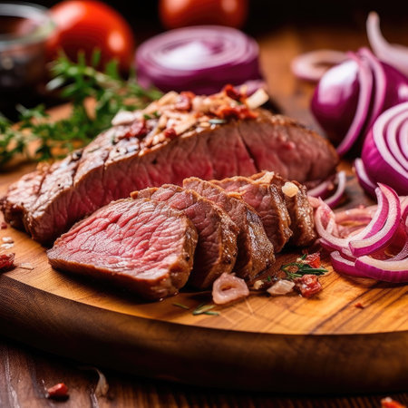 Slices of meat with fresh herbs, Vegetables and spices on rustic wooden background, Sliced grilled meat.の素材
