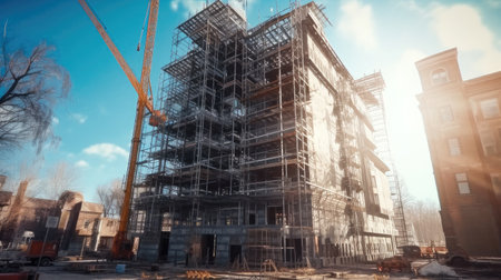 Building under construction, Extensive scaffolding providing platforms for work in progress on a new apartment block.の素材