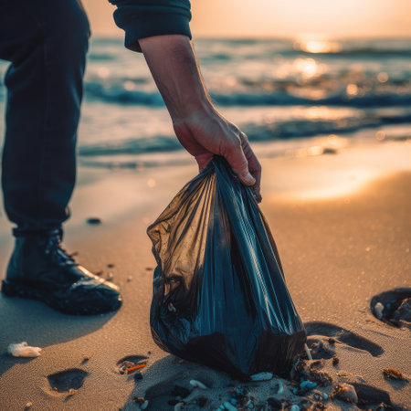 Hand grabbing plastic bags and wrappers on beach by volunteer, Concept of cleaning up and respecting the environment, AI generated.の素材