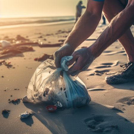 Plastic Bottles And Rubbish Picked Up On Beach By Volunteer, AI generated.の素材