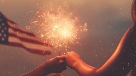Usa celebration with hands holding sparklers and the American flag, Fourth of July scene, AI generated.の素材