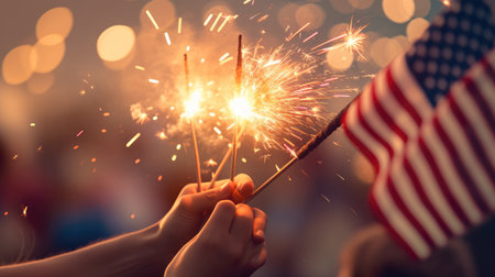 Happy 4th of July Independence Day, Hand holding Sparkler fireworks USA celebration with American flag background, Independence Day, AI generated.の素材
