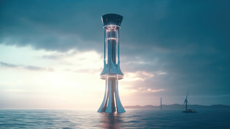 The vertical type wind power turbine, Windmills for electric power, Wind turbines in the sea, Windmill farm producing green energy.の素材