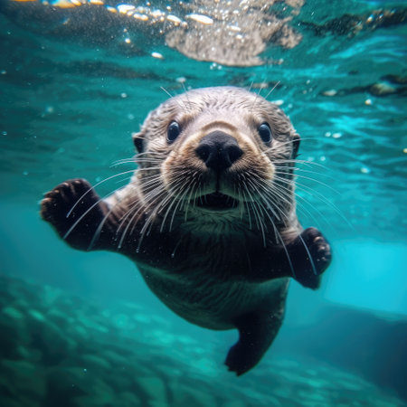 Cute Sea Otter Playing Underwater, Otter underwater.の素材