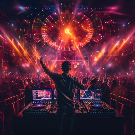 Dj in nightclub scene show in discotech dance club over the audience and crowd, EDM night scene of electronic music festival.の素材