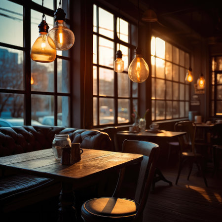 Antique edison style light bulbs in coffee shop background with retro lighting bright.の素材