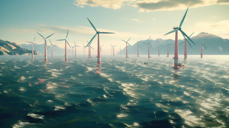 Windmills for electric power, Wind turbines farm in the sea, Windmill farm producing green energy.の素材