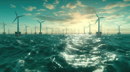 Floating wind turbines installed in sea, Alternative energy source, Concept of renewal energy source.の素材