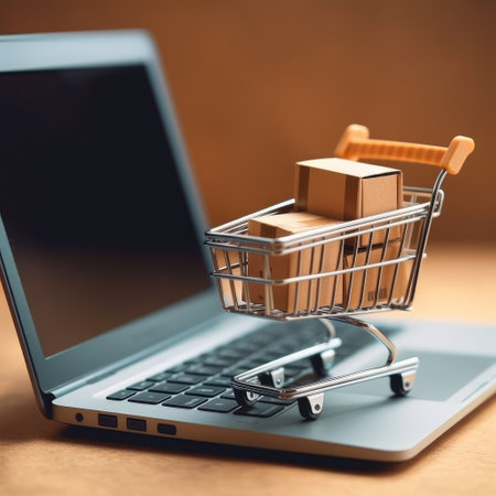 Paper shopping small box express in a shopping cart and laptop notebook on white background, Online shopping concept, Online shopping and delivery service concept.の素材