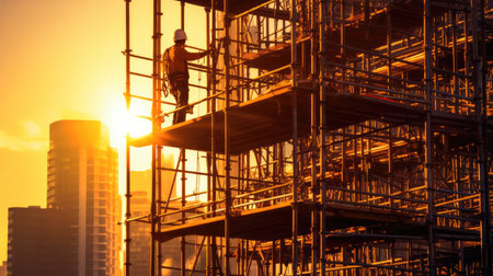 Construction worker on scaffolding in industrial construction during sunset.の素材