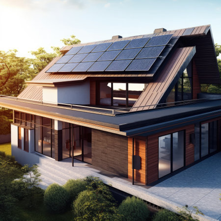 Solar panels on roof of the house renewable energy green power photovoltaic.の素材