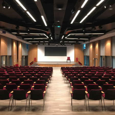 Spacious hall for lectures and presentations, Big conference room indoor background.の素材