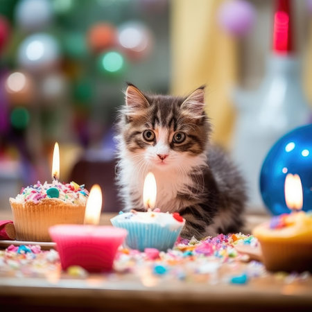 Cat birthday, Kitten with a birthday cake.の素材