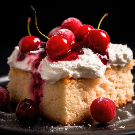 Plate of fruit and cream cake with vanilla frosting. Fruit raspberries and cherries topping.の素材